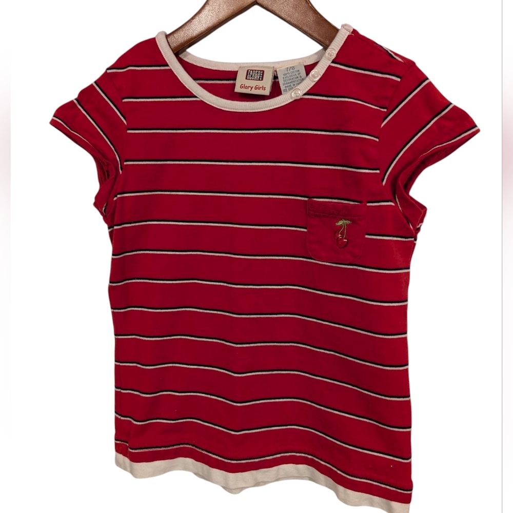 Y2K Vintage Faded Glory Red White‎ Striped Embroidered Cherry Girls' Top 7/8